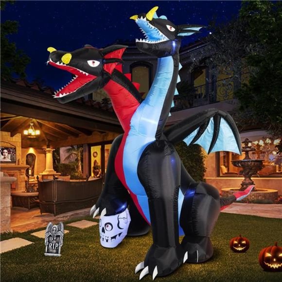 11 ft Long Halloween Inflatable Outdoor Decoration LED  8 FT Tall Halloween Inflatables Giant Fire and Ice Two-Headed Dragon with Lights